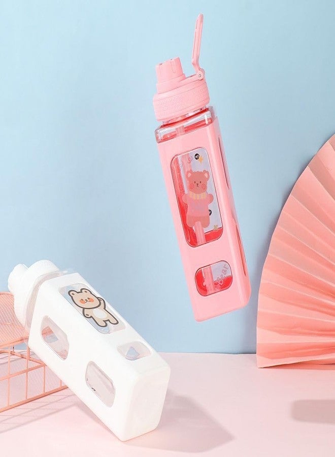 MAHNTMART Plastic Kawaii Water Bottle with Straw Cute Large Bottles Stickers Aesthetic Leakproof Square Drinking (700ml/1pcs) (Pink) - Image 5